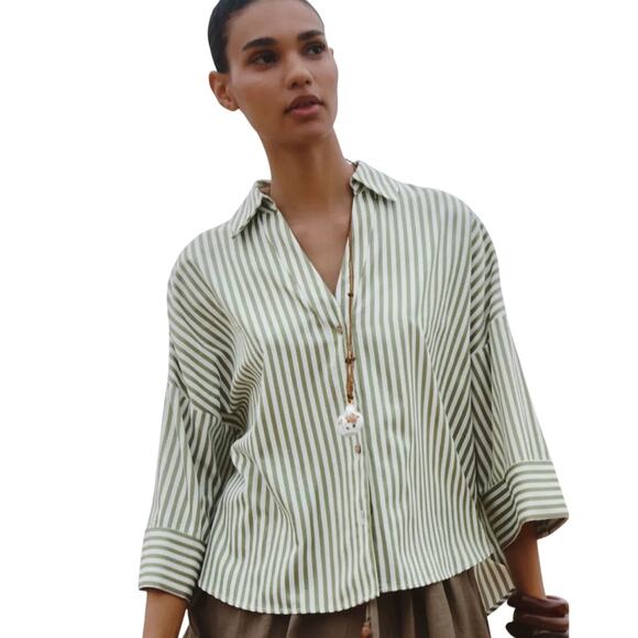 ZARA Women’s Green and White Striped Button Front Blouse XS NWOT - Picture 1 of 6